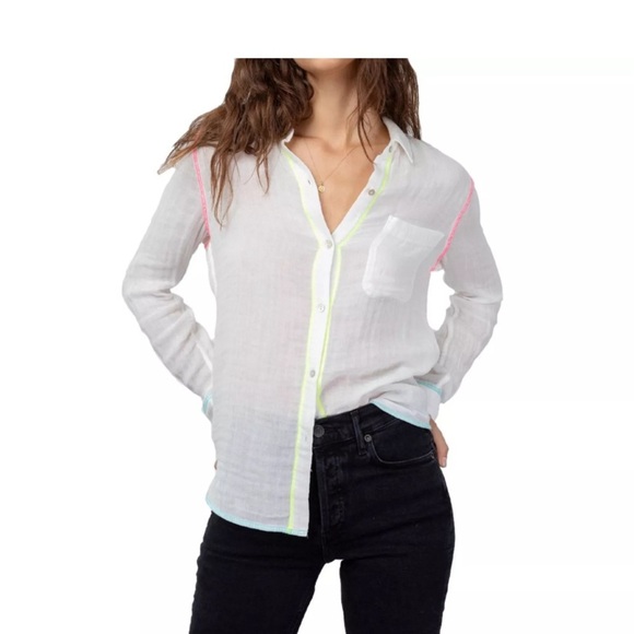 Rails Tops - Rails 100% Cotton White Button Down with Neon Detail Size XS